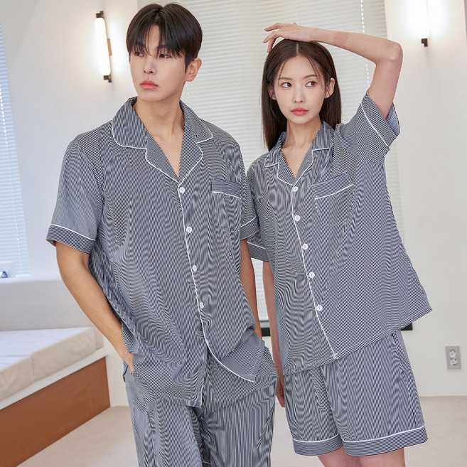 도씨 커플용 냉감 실크핏 클린 반팔 카라 잠옷 상하의 세트 D-3653