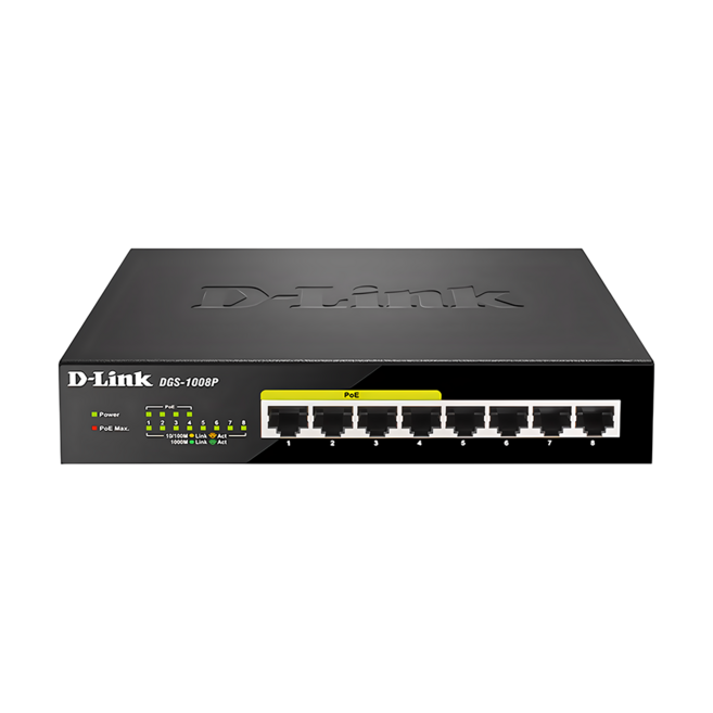 D-Link 友訊科技 DGS-1008P 8埠GE PoE交換器 最大80W供電 隨插即用, 1個