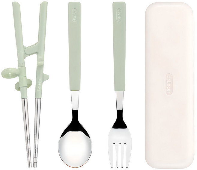Edison 第二階段不鏽鋼餐具組, 1組, 兒童筷子 + 湯匙 + 叉子 + 收納盒, 薄荷綠