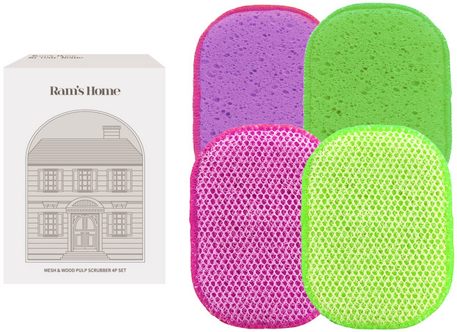 람스홈 셀룰로오스 그물망사 무흠집 수세미 퍼플 2개 그린 2개, 4개입, 1세트