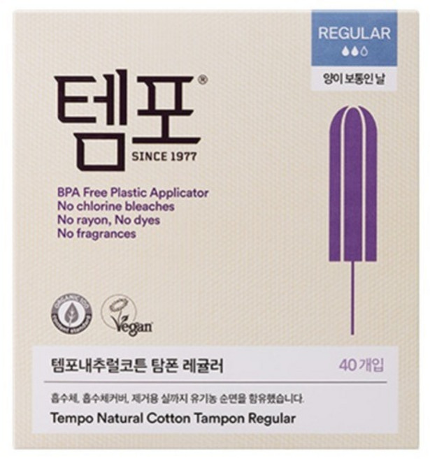 템포 내추럴코튼 탐폰, 레귤러, 40개입, 1개