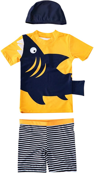 男童款 短袖分體泳衣 上衣 + 泳褲 + 泳帽