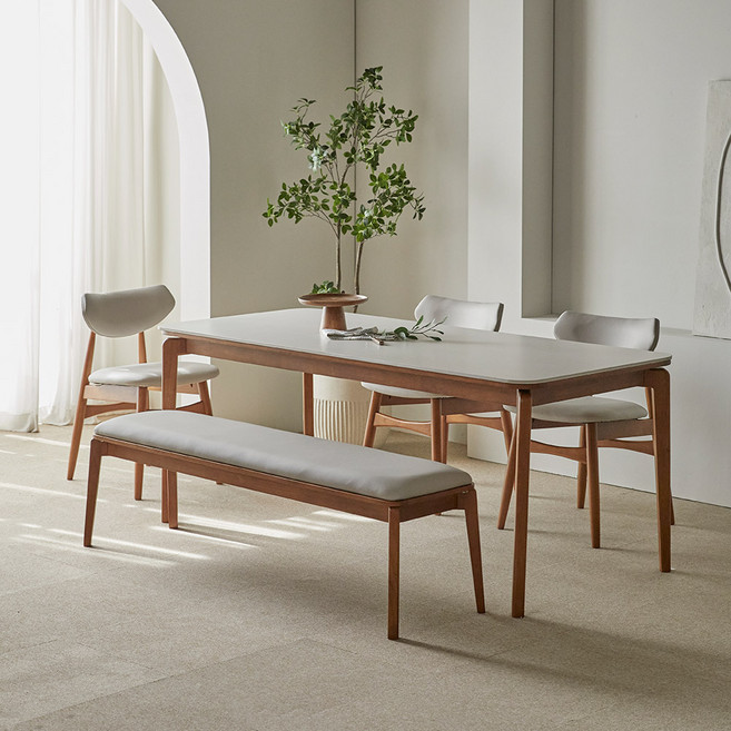 파로마 리샤르 세라믹 원목식탁 1800 6인용 + B의자 + 벤치 세트 방문설치, 베이지상판+월넛원목, 일반 3 + 벤치 1