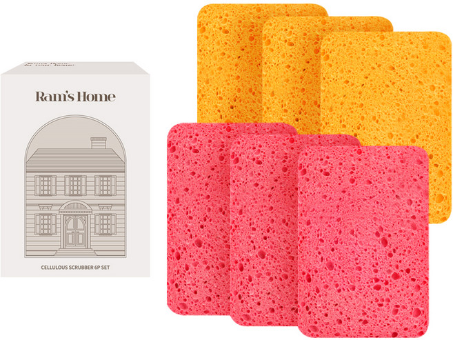 람스홈 셀룰로오스 우드펄프 흠집제로 수세미 옐로우 + 핑크 세트, 6개입, 1세트