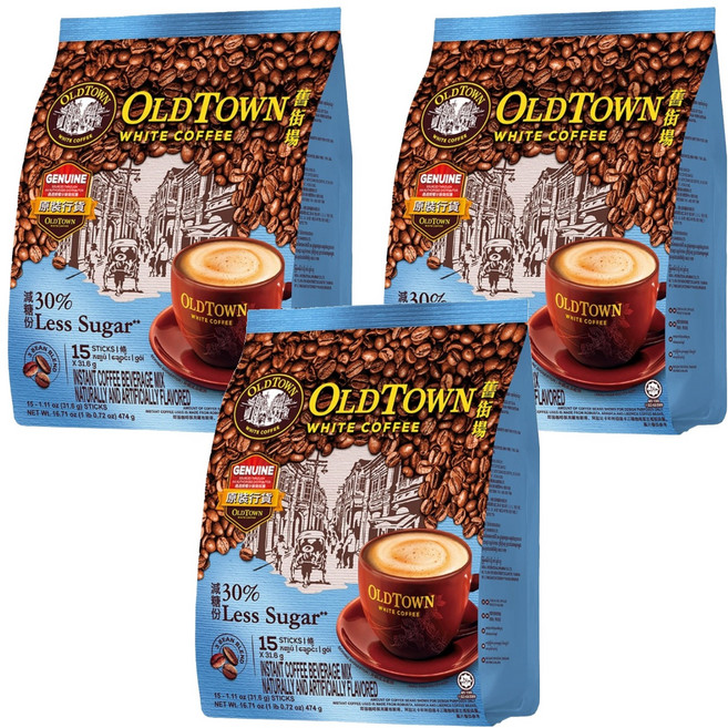 OLDTOWN WHITE COFFEE 舊街場白咖啡 3合1減糖白咖啡, 31.6g, 15條, 3袋