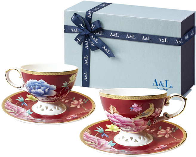 A&L 骨瓷咖啡對杯禮盒組, 花樣春曉 嫣紅色, 1組