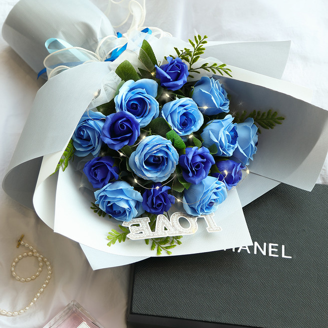 뷰티풀데코센스 LED 대형 꽃다발 비누꽃 장미 + 토퍼 3종 + 전구 세트 + 쇼핑백, 블루, 1개