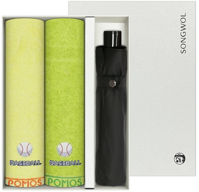 송월타월 야구스포츠 80g 20수 면사 2p +SW 3단 컬러 무지 우산 선물세트, 랜덤발송, 1세트