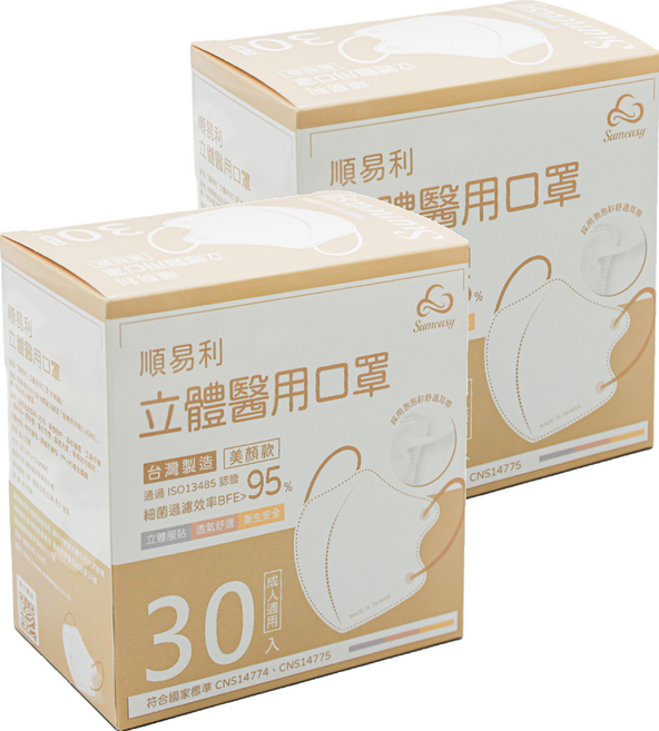 順易利 成人立體醫用口罩 美顏款 M, 星空藍, 30片, 2盒
