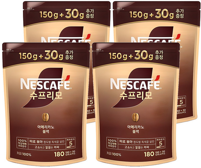 네스카페수프리모 아메리카노 블랙 원두커피믹스 파우치, 180g, 1개입, 4개
