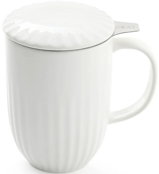 韓國 ZEN 百褶茶蓋馬克杯 480ml + 不鏽鋼濾網組, 白色, 1套