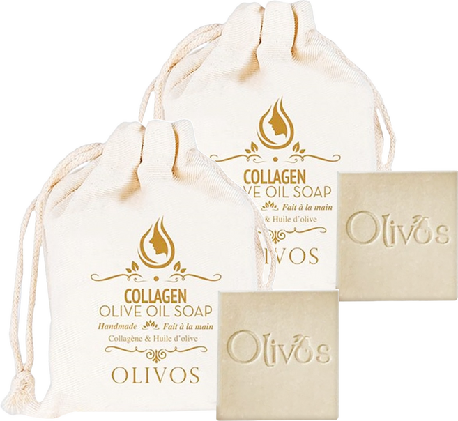 OLIVOS 奧莉芙的橄欖手工皂 嫩膚膠原蛋白橄欖油手工皂 附隨身束口袋, 150g, 2個