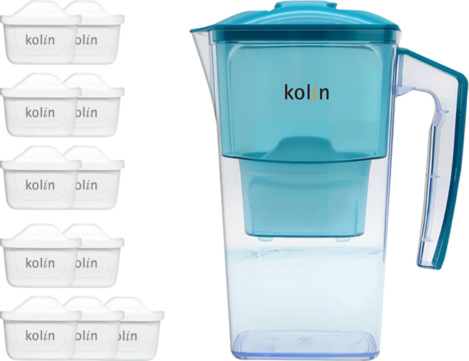 Kolin 歌林 日系窄身濾水壺 + 濾芯 11個, 地平線綠, 1組, 2.5L