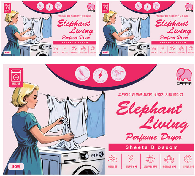 코끼리리빙 퍼퓸 드라이 건조기 시트 블라썸, 3개, 40개입