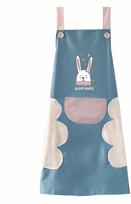 Axis 艾克思 防水防汙可擦手小兔工作圍裙 兩側珊瑚絨擦拭巾 可調式腰部綁帶, 可愛兔藍色, 1件