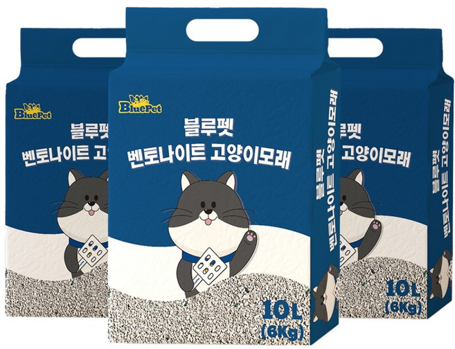 블루펫 응고형 벤토나이트 고양이 모래, 10L, 3개, 무향