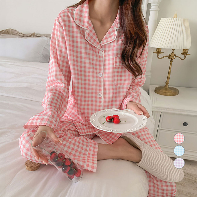 afinar 女性絲滑觸感格紋圖案基本款睡衣套裝