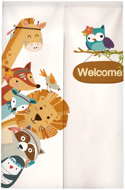 小清新造型門簾 棉麻混紡, 動物園 白色