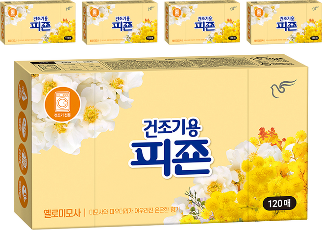 피죤 건조기용 시트 섬유유연제 옐로미모사 본품, 120매입, 5개