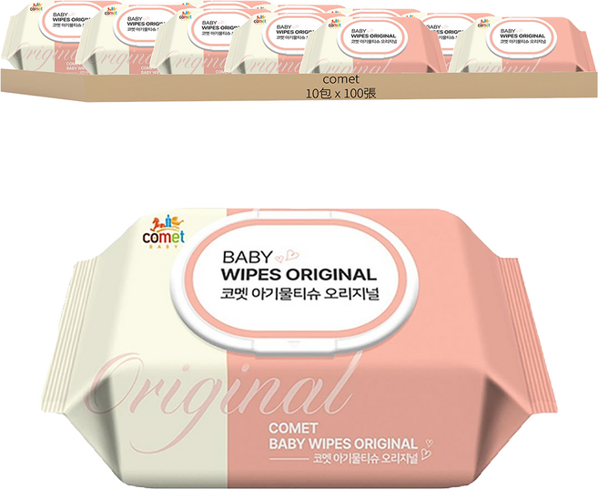 comet Original 嬰兒用濕紙巾 掀蓋式 加厚型, 50gsm, 100張, 10包
