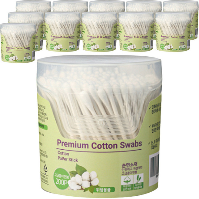루이본 클린 고급 종이면봉, 200개입, 12개