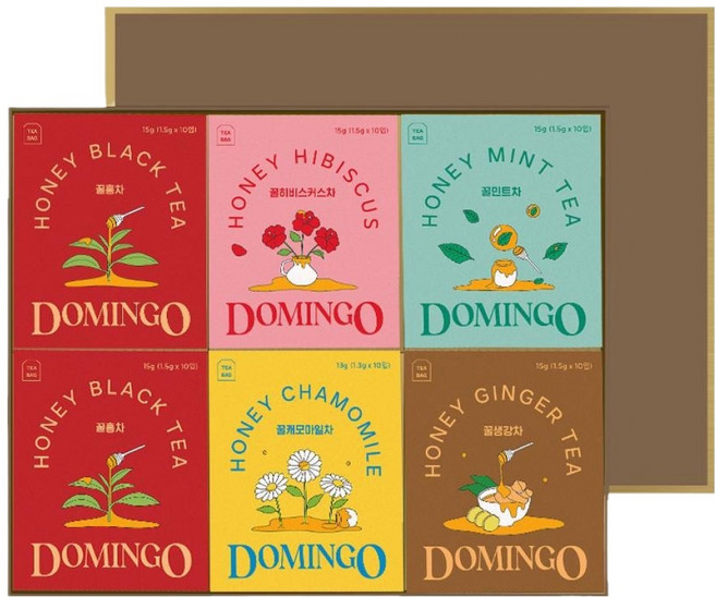 도밍고 차 선물세트, 꿀홍차 2개 + 꿀히비스커스 1개 + 꿀캐모마일 1개 + 꿀페퍼민트 1개 + 꿀생강 1개, 1세트
