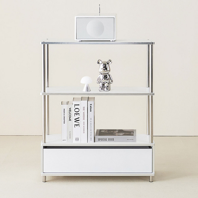 고래가구 프롬 미드센추리 수납 서랍 선반장 3단 800, 화이트