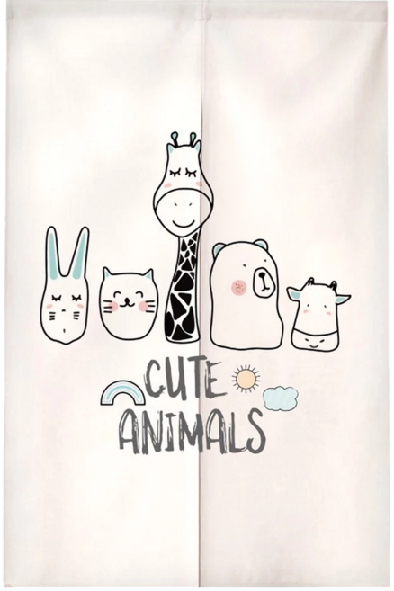 小清新造型門簾 棉麻混紡, 可愛動物 白色