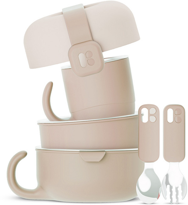 마더케이 허그 스테인리스 식기 세트, 핑크베이지, 뚜껑 + 그릇 2종 + 컵 + 포크 + 스푼 + 고정 밴드, 1개