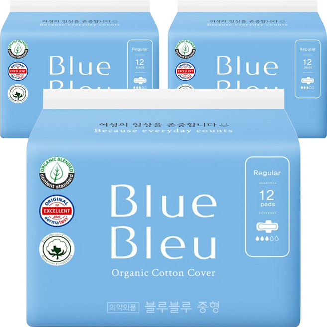 블루블루 울트라 슬림 생리대 날개형, 중형, 12개입, 3개