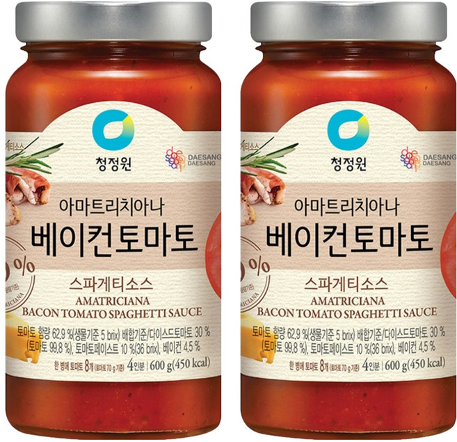 청정원 아마트리치아나 베이컨 토마토 스파게티소스, 600g, 2개