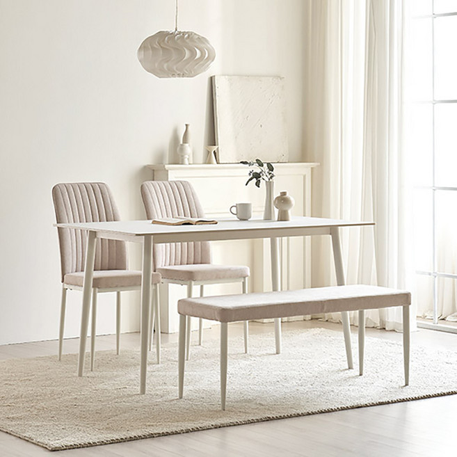 스칸디아 몬테 포세린 통세라믹 식탁 4인용 1400 + 의자2p + 벤치 세트 방문설치, 화이트(식탁)+오트밀(의자)+오트밀(벤치), 일반 2 + 벤치 1