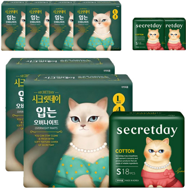 시크릿데이 입는 오버나이트 대형 8p + 코튼 생리대 소형 18p, 3세트