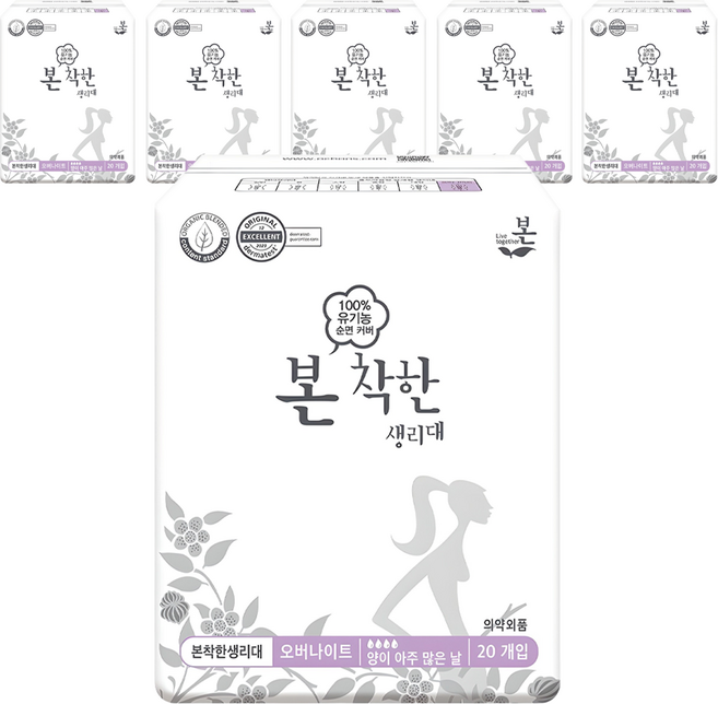 유기농본 착한 생리대 날개형, 오버나이트, 20개입, 6개
