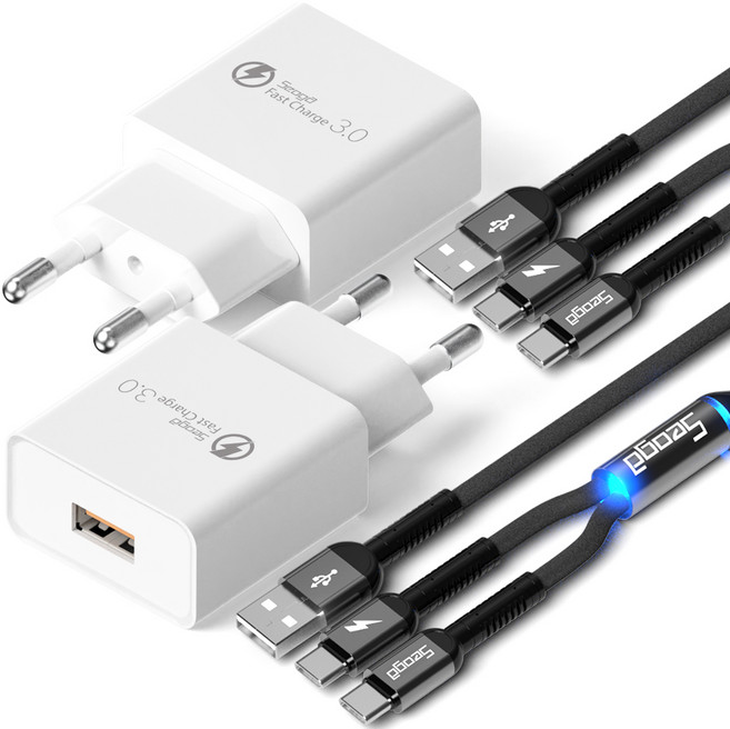 서가 퀵차지 QC3.0 18W USB 고속충전기 + 메탈 C타입 2in1 멀티 고속 케이블 1.2m 세트, 화이트, 2세트