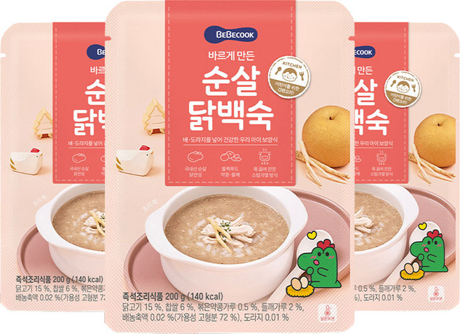 베베쿡 바르게 만든 순살 닭백숙, 200g, 3개
