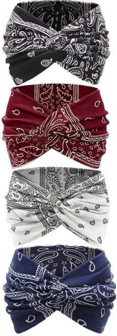 모인 페이즐리 스포츠 헤어 밴드 4종 세트, 블랙+화이트+버건디+네이비, 1세트