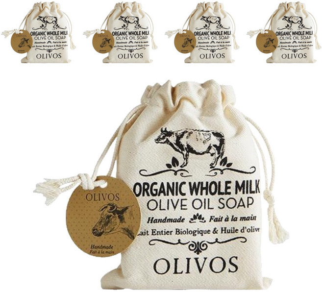 OLIVOS 奧莉芙的橄欖手工皂 全脂牛奶橄欖手工皂 附隨身束口袋 淨白, 150g, 5個