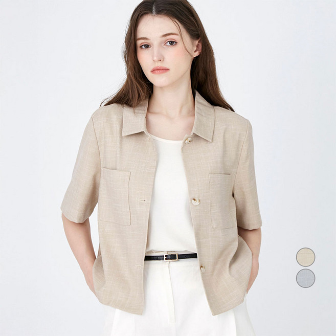 ELLE PARIS 여성용 체스트포켓 반팔 트위드 자켓