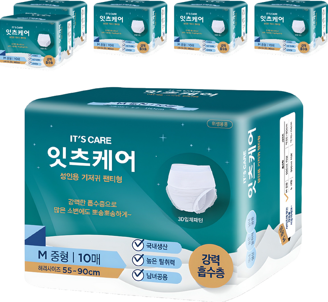 잇츠케어 남녀공용 성인용 기저귀 팬티형, 중형, 10개입, 6개