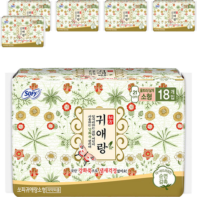 쏘피 귀애랑 생리대 울트라 날개형, 소형, 18개입, 6개