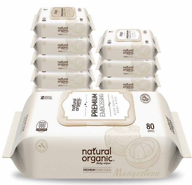 네츄럴오가닉 프리미엄 엠보싱 유아물티슈 캡형, 70g, 80매, 10개