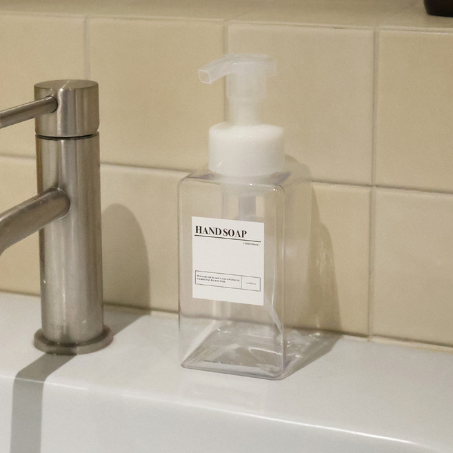 사각 거품용기 450ml + 방수 라벨스티커, 1세트, 투명