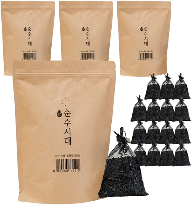 순수시대 활성탄 실내 탈취제 본품 + 망사주머니 4개, 500g, 4세트 - 쿠팡