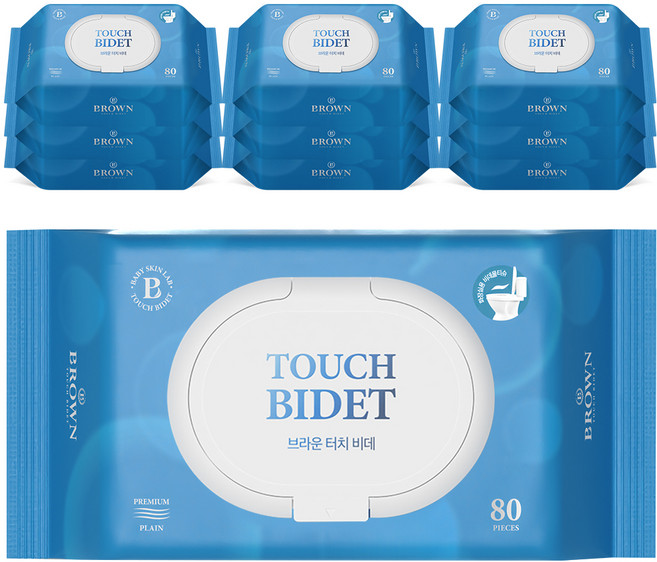 브라운 터치 비데 물티슈 물에 잘 녹는 화장실용 저자극 비데티슈 캡형, 55g, 80매, 10개