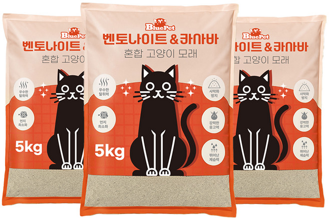 블루펫 응고형 벤토나이트 카사바 혼합 고양이모래, 5kg, 3개, 무향
