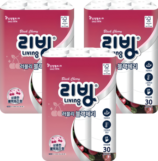 리빙티슈 3겹 러블리 블랙체리 고급롤화장지, 30m, 30롤, 3세트
