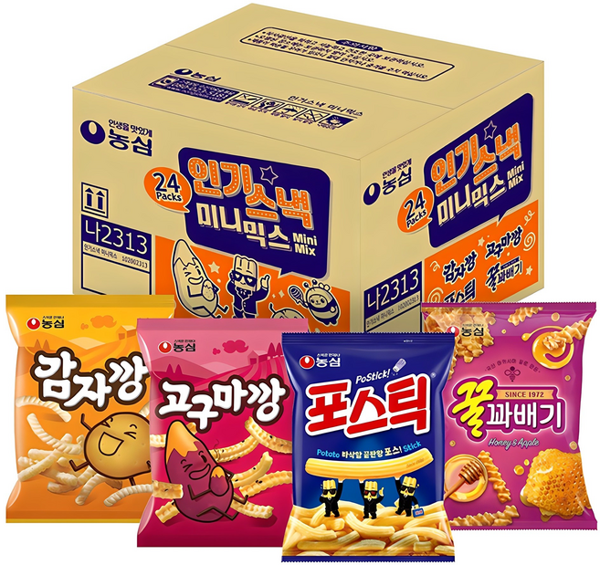 농심 인기스낵 미니믹스, 꿀꽈배기 6p + 포스틱 6p + 감자깡 6p + 고구마깡 6p, 1세트