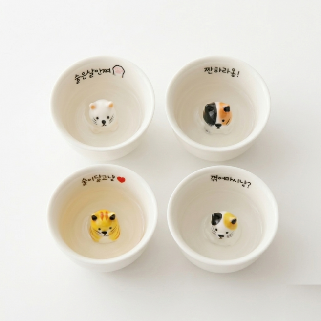이플스토리 고양이 도자기 핸드메이드 소주잔 4종 세트, 1세트, 화이트
