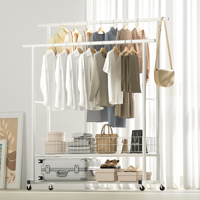 코멧 2단 이동식 대용량 수납 선반 행거, 화이트